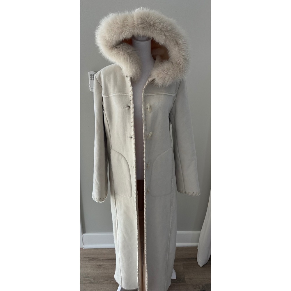 Wilsons Leather Maxima Faux Suede Long Coat Fox Fur Trim Hood Cream Small